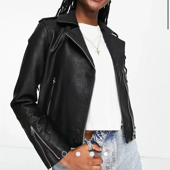 Topshop Jackets & Blazers - Topshop Faux Vegan Leather Moto Biker Jacket in black size 8